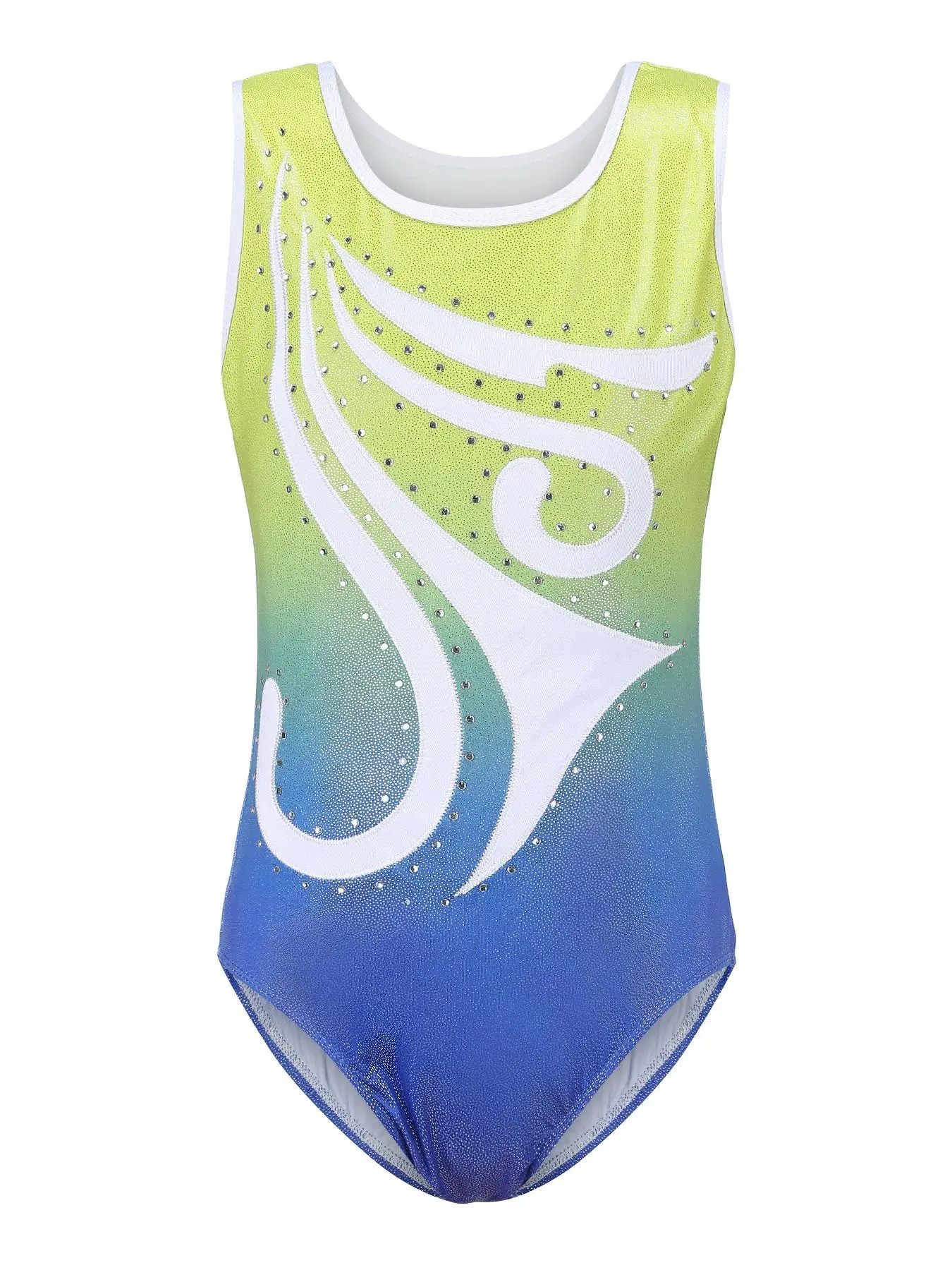 Girl's Ombre & Colorblock Print Rhinestone Decor Leotard, Sporty Sleeveless Round Neck Contrast Binding One-Piece Dancewear for Girls, Kids Gymnastics Clothing for All Seasons