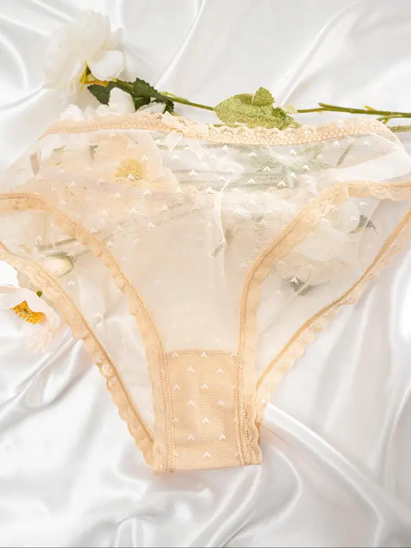 Women's Cute Heart Print Bow Front Contrast Lace Scallop Trim Knicker, Soft Comfy Breathable Cozy Contrast Mesh Panty for Daily Wear, Underwear for All Seasons 5