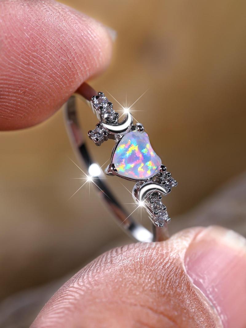 Product Introduction of Women's Elegant Artificial Zircon Decorated Ring, Cute Heart & Moon Design Ring for Girls, Fashion Jewelry for Wedding Party, Daily Clothing Decor 3