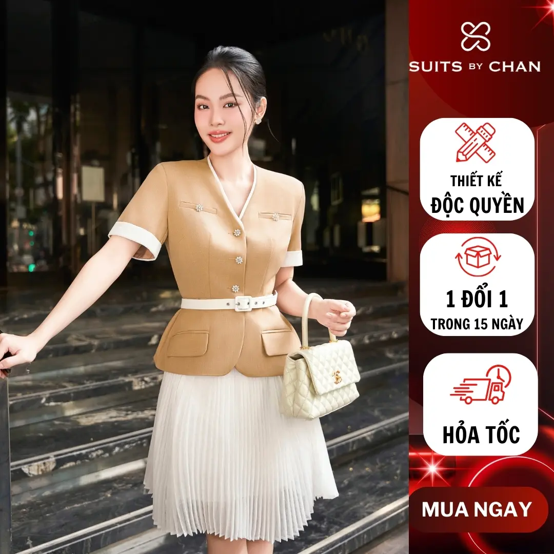 SUITS BY CHAN - Áo Vesta peplum phối nút kèm belt, Chân váy Vesta dập li nhuyễn - SCAO00046 SCCV00040 Nữ Women