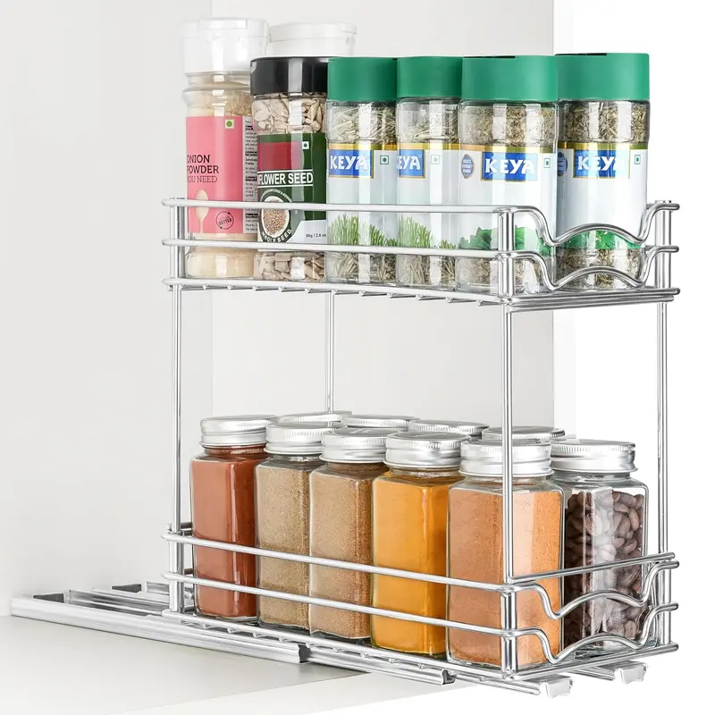 2-tier Pull-out Spice Rack, 1 Count Durable Iron Under Cabinet Storage Rack, Space-saving Kitchen Organization Rack for Home Dormitory Dining Room 6