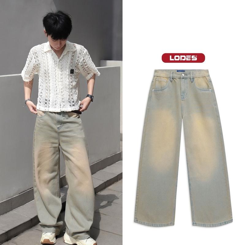  Quần jean ống rộng tôn dáng. màu be cát chất liệu Denim được xử lý mềm. Mã LD.07 Nam Menswear Pants Ong suong Có Túi jeans retro 