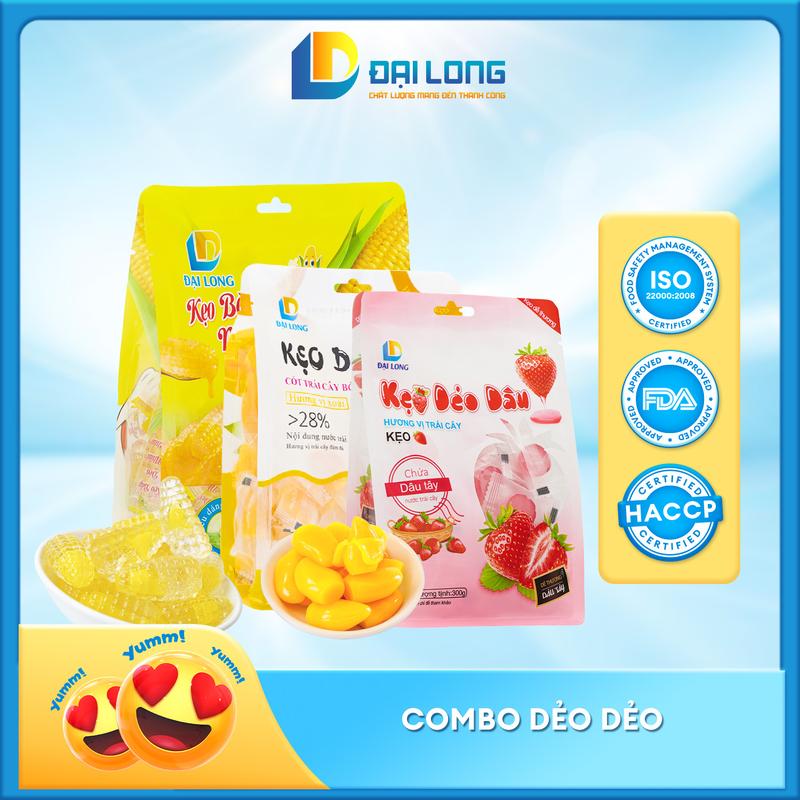 [1100gr] Combo DẺO DẺO Đại Long: Kẹo Xoài Bóc Vỏ, Kẹo Dẻo Bắp Nhân Chảy, Kẹo Dẻo Dâu Bi Bóc Vỏ