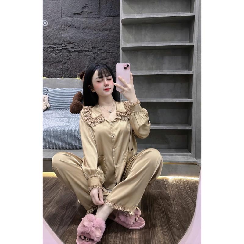 Đồ Bộ Tiểu Thư JULY Pijama Tay Dài Cổ Sen Ren Tầng Chất Lụa Latin Mềm Mịn Freesize 1