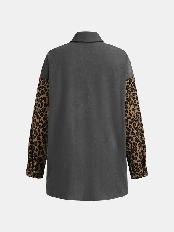 YOZY Women's Leopard Patchwork Print Button Front Corduroy Jacket, Casual Drop Shoulder Long Sleeve Collared Outerwear for Daily Wear, Ladies Clothes for All Seasons 1