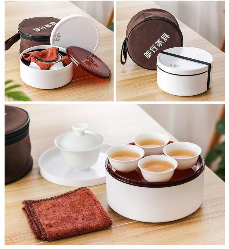 Product Introduction of Fashion Car Travel Mini Outdoor Portable Tea Set Chaozhou Gongfu Travel Pure White Gaiwan Tea Set Tea Cup Set 10