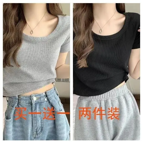 Áo Phông Bé Gái, Bộ Hai Mảnh, Chất Liệu Lụa Lạnh ngắn Tay, Thích Hợp Cho Mùa Hè, Cạp Cao, Dáng Ôm, Mặc Trong, Bó Sát, Áo Vai, Bán Chạy 4