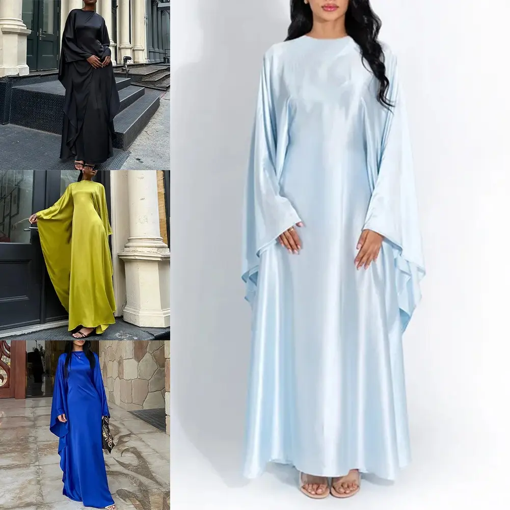 Women Spring Fall Abaya Muslim Satin Butterfly Sleeve Dress Fashion Abaya Cloth