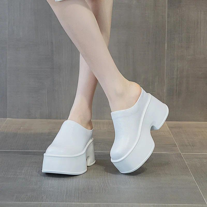 Dép Lê, 11cm, Da Thật Bò Tự Nhiên, Đế Xuồng, Giày Thể Thao, Giày Cao Gót, Dành Cho Phụ Nữ, Phong Cách ROME, Gót Ẩn, Giày Lưu Hóa, Hàng Mới Về 4