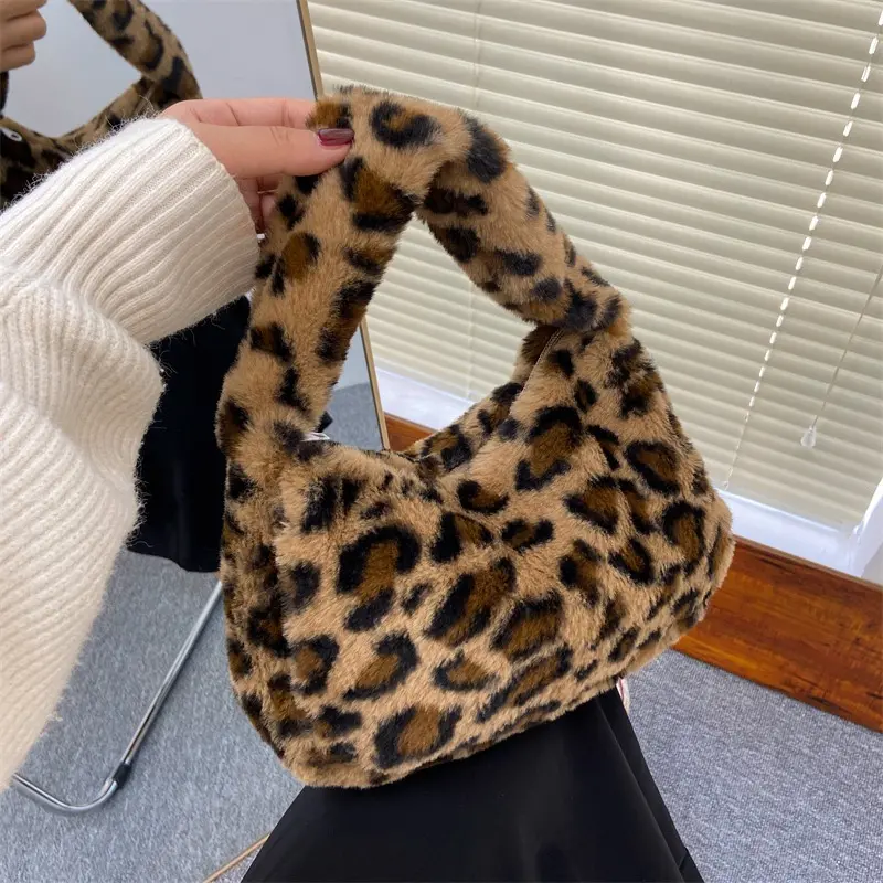 Leopard Print Plush Fabric Women's Bag Autumn and Winter New Fashion Trend Single Shoulder Underarm Bag Hand-held Plush Bag Handbag