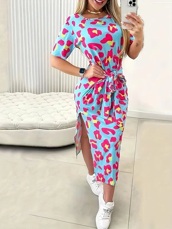 Women's Leopard Print Knot Front Split Hem Dress, Casual Short Sleeve Round Neck Dress for Summer, Ladies Clothes for Daily Wear, Womenswear, Summer Dresses 3