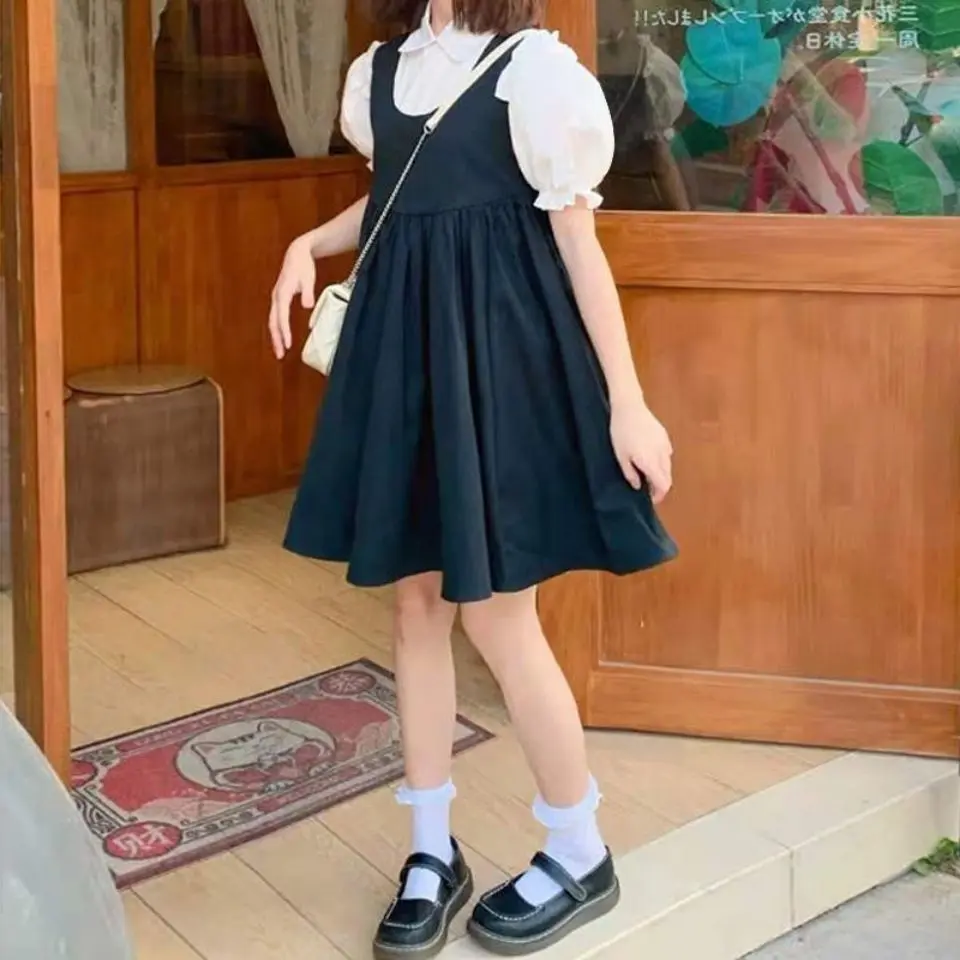 Váy Bộ Trẻ Em, Cho Bé Gái, Cỡ Trung Bình Và Lớn, Phong Cách Preppy Mới, Áo Sơ Mi Cổ Búp Bê, Phong Cách Pháp, Tay Phồng, Thời Trang Người Nổi Tiếng Trên Internet, 2024