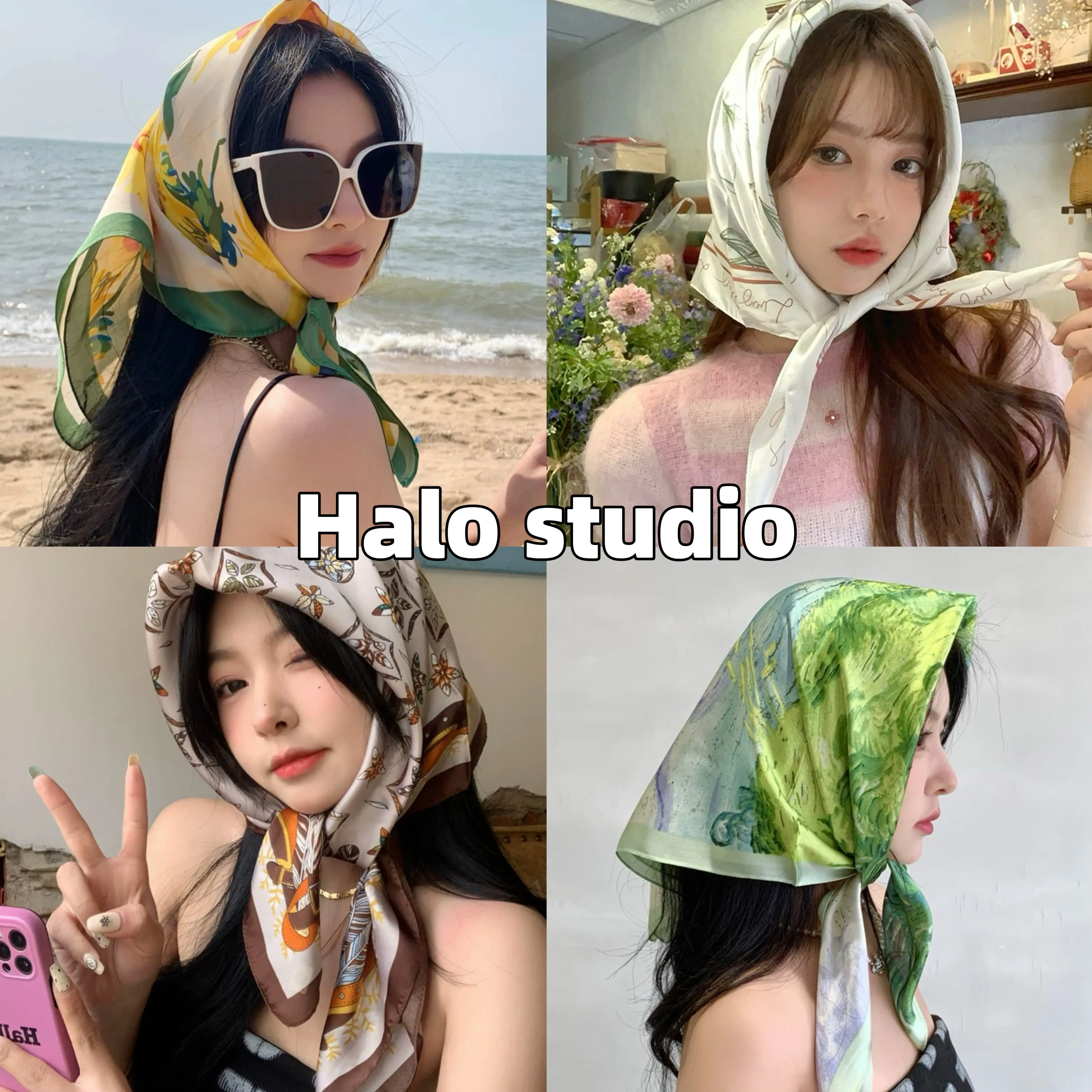 Halo studio พร้อมส่ง ผ้าพันคอซาติน ผ้ามัดผมเกาหลี 【70x70 ซม】ผ้าพันคอสามเหลี่ยม ผ้าโพกศีรษะน่ารัก