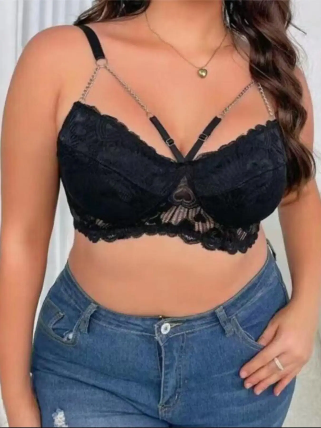 Women's Chain Linked Floral Lace Sexy Costume, Soft Comfortable Plus Size Adjustable Spaghetti Strap Bra , Fashion Underwear for All Seasons