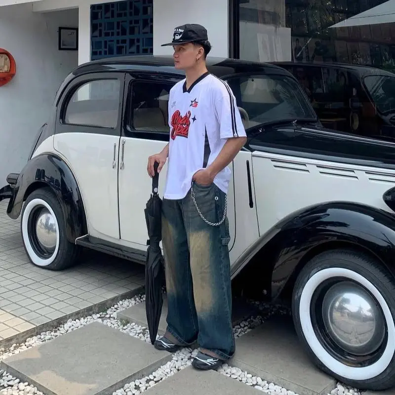Celana Jeans Kulot Pria Baggy Pants Skena Y2K Korean Style Loose-fitting Non Stretch - Panjang, Hitam Straight Denim Dewasa Pendek Wanita Cowok 2