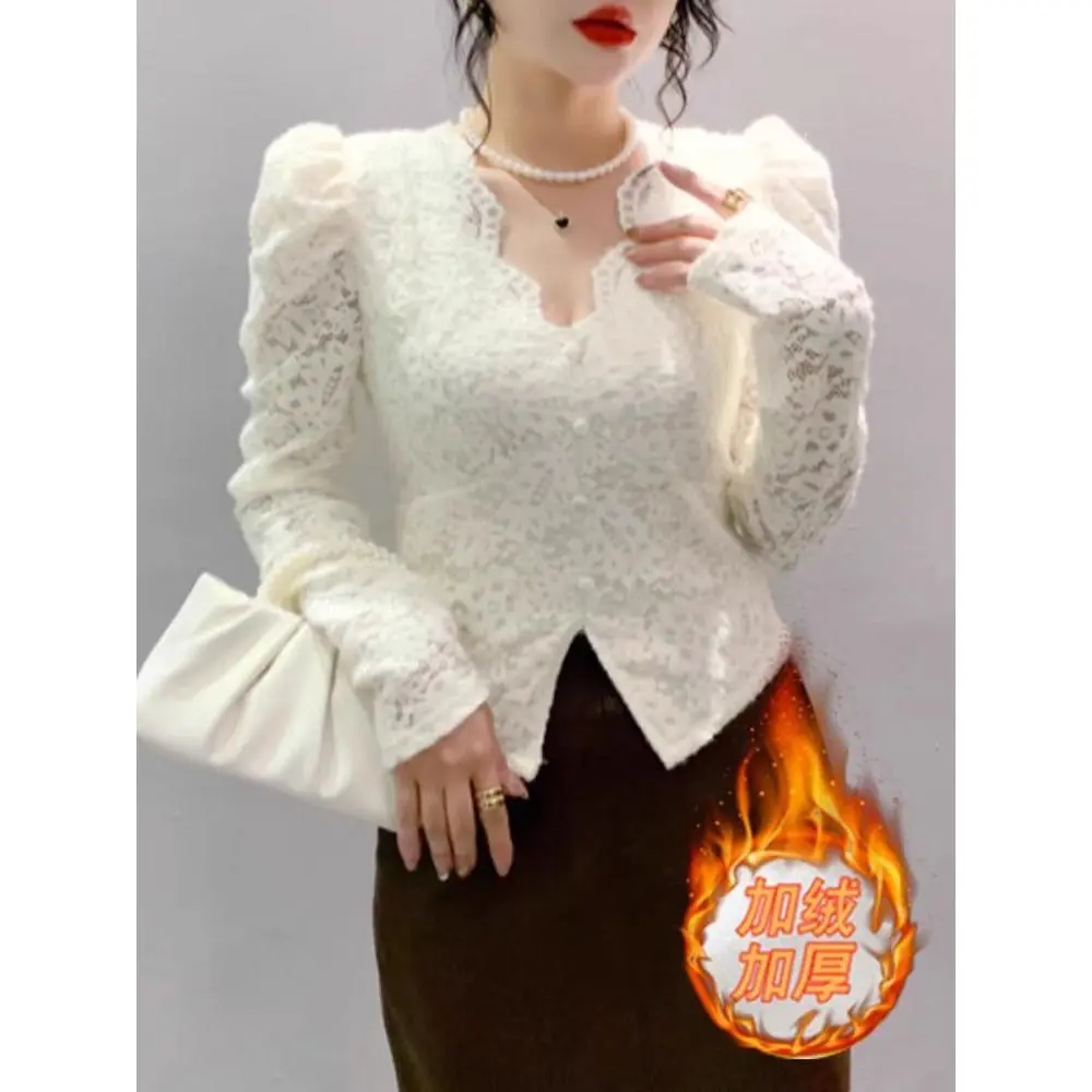 Áo Sơ Mi Ren Cổ Chữ V, Dày Lót Lông Cừu, Mùa Thu Và Mùa Đông Mới, Quần Áo Nữ, Thời Trang Trẻ Hơn, Áo Dài Tay, Thích Hợp Cho Bộ Sưu Tập Người, 2024, 3709