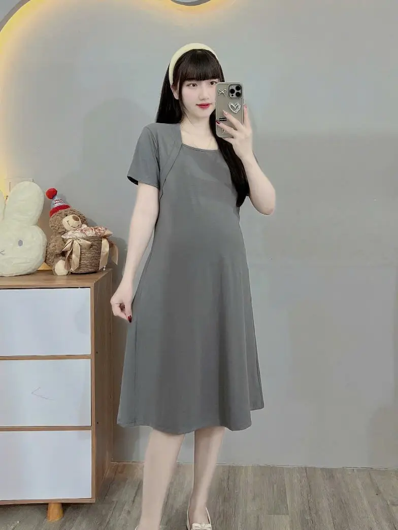 (45-100kg)Váy bầu bigsize chất cotton in dáng suông trơn cổ vuông