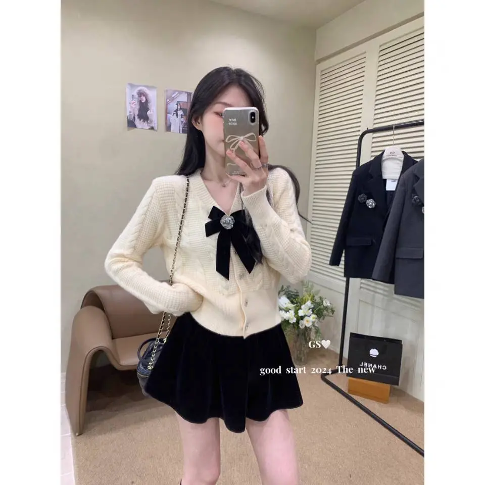 Áo Len Cardigan Thắt Nơ Eo, Phong Cách Pháp, Dành Cho Nữ, Mùa Thu Và Mùa Đông, Hàng Mới Về 2024, Áo Dệt Kim Dày Top