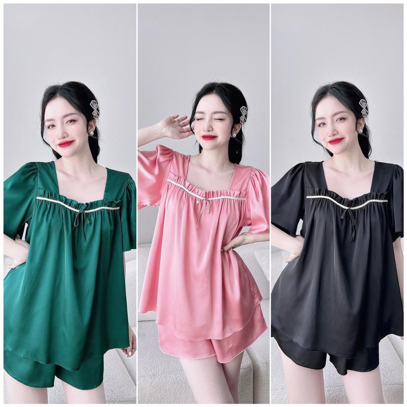 Bộ ngủ nữ bigsize đùi lụa mặc nhà 50-100kg bộ mặc nhà cổ vuông latin mềm mát Pijama Nhung Áo Women BỘ Ngủ việt nam cỡ lớn cộng có thể giặt máy cỡ lớn cộng đồ  ngủ