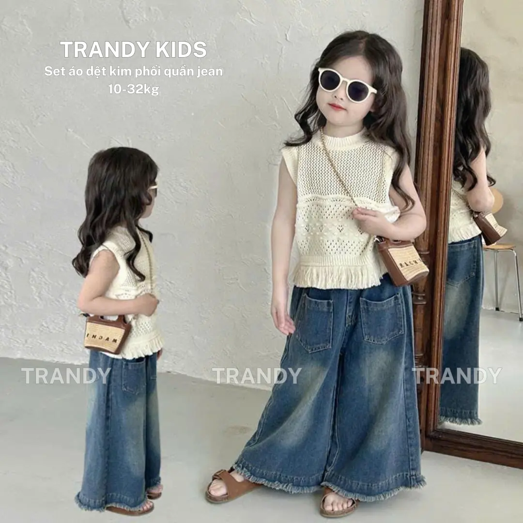 [TRANDY] Set đồ bộ bé gái 10-32kg ba lỗ dệt kim tua rua phối quần jean ống xuông xinh