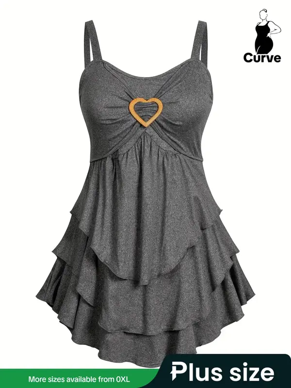 【Plus Size】 Heart Decor Tiered Layer Tank Top, Casual Sleeveless Ruched Top, Women's Plus Clothing for Summer Daily Wear, Womenswear 5