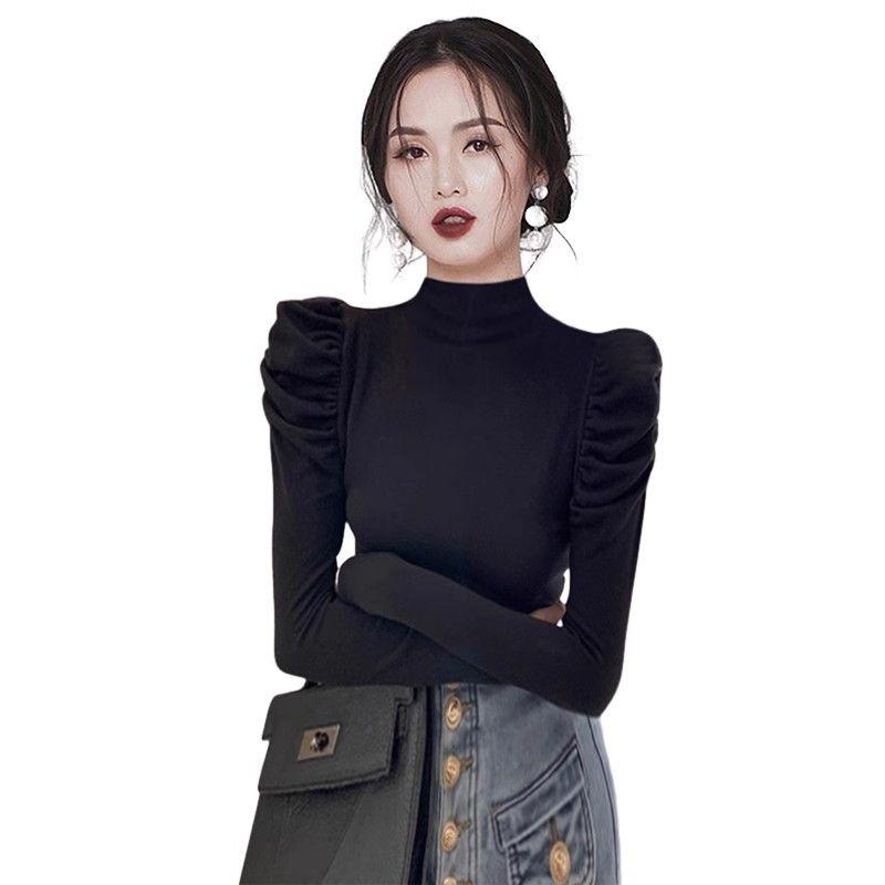Áo Thun Dài Tay Bong Bóng, Phong Cách Pháp, Cổ Lọ, Màu Trơn Mỏng Vừa Vặn, Áo Mặc Trong Co Giãn 7