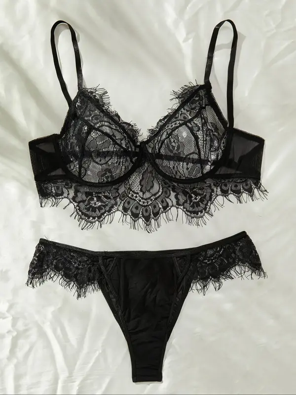 【Plus Size】 Contrast Lace Bra & High Cut Panty, Soft Comfortable Breathable Lingerie Set for Daily Wear, Women's Underwear Set for All Seasons 3