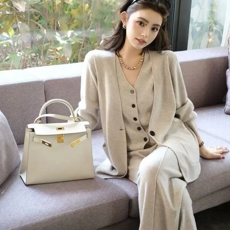 Bộ Đồ Thời Trang Nữ, Thanh Lịch, Bộ Đồ Ba Mảnh, Mùa Thu Và Mùa Đông Của Phụ Nữ, Hàng Mới Về, Dáng Rộng Vừa Vặn, Có Thể Mặc Ngoài Trời, Phong Cách Ins, Áo Vest, Quần Ống Rộng, Thời Trang 1