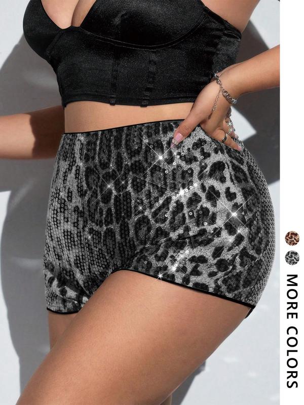 Women's Leopard Print Glitter Shorts, Casual Comfy Skinny Shorts for Daily Wear, Ladies Bottoms for Summer, Womenswear 4