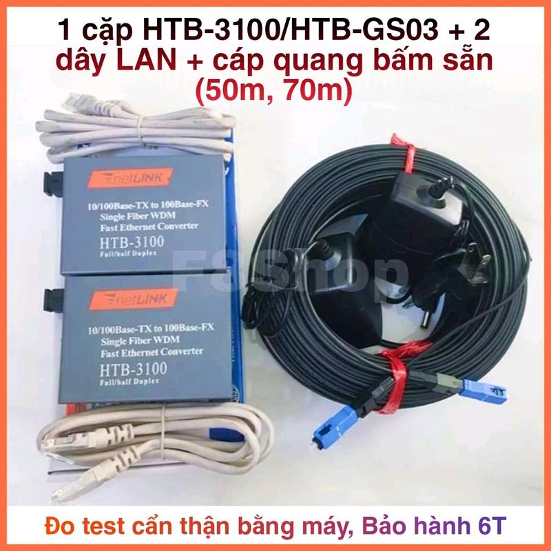 Combo converter quang 100 1000Mbps + 50m 70m cáp quang bấm sẵn + tặng 2 dây LAN bộ chuyển đổi quang điện LAN quang HTB 3100