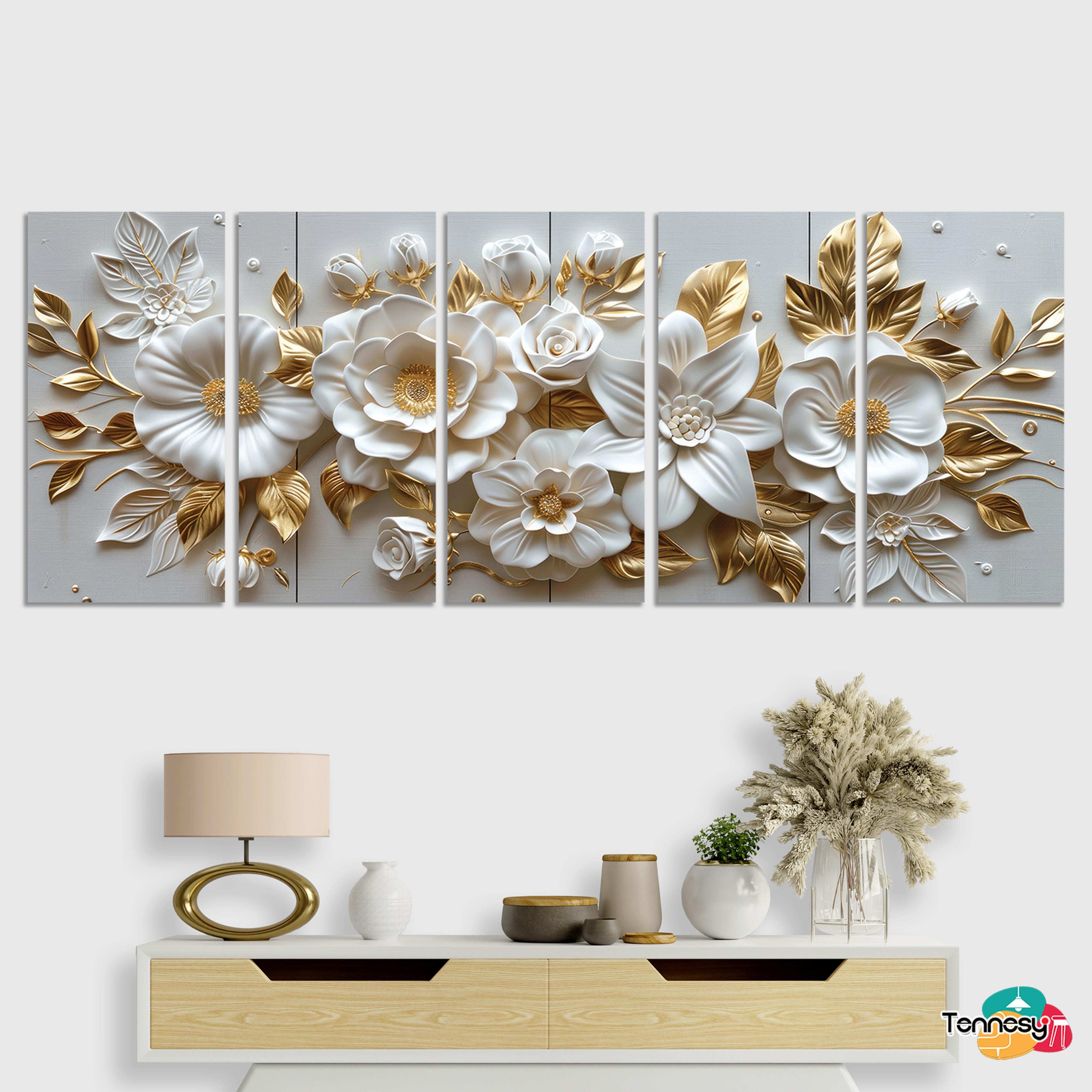 TENNESY Hiasan Dinding Bunga 1 Set 3D White Gold Flowers 75x30CM Isi 5 ...