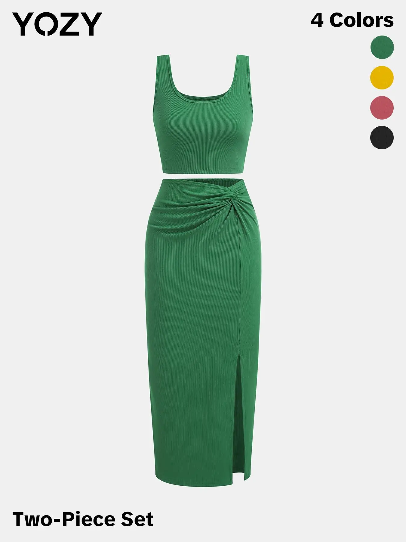 YOZY Solid Ribbed Crop Tank Top & Twist Split Skirt Set, Elegant Square Neck Sleeveless Top & High Waist Bodycon Skirt, 2024 Women's Summer Outfits for Party, Holiday, Vacation