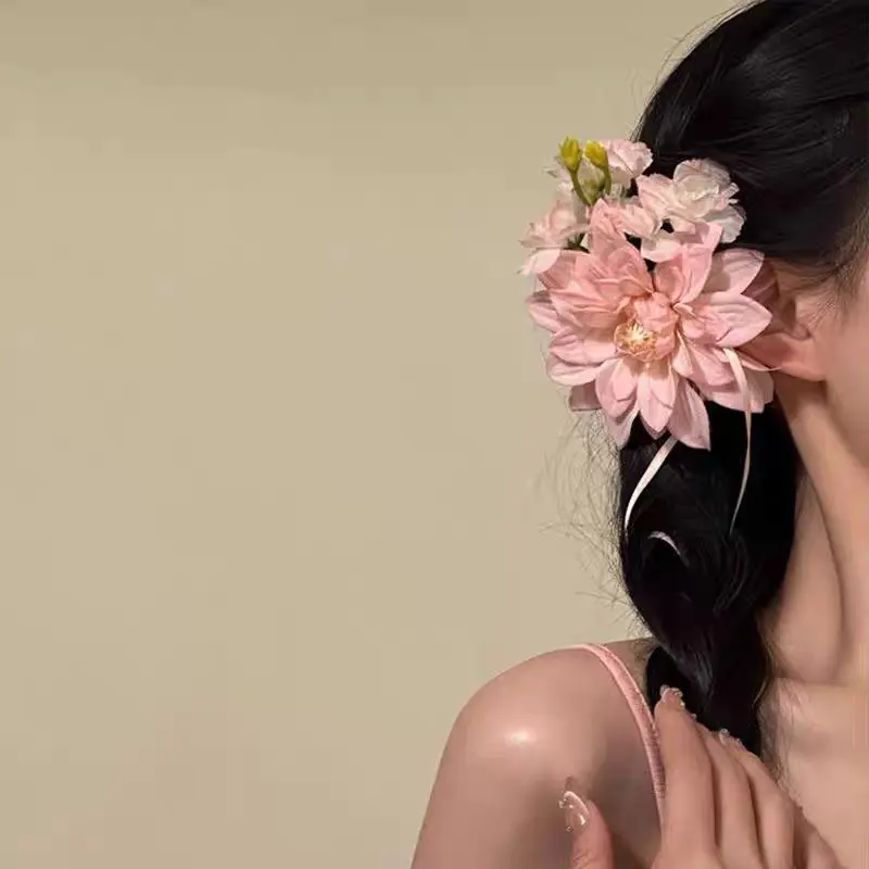 2025 Original [Spring Peach Pink Mist] Super Fairy Forest Style Beautiful Hair Clip Pink Flower Ribbon Side Clip Hair Accessory