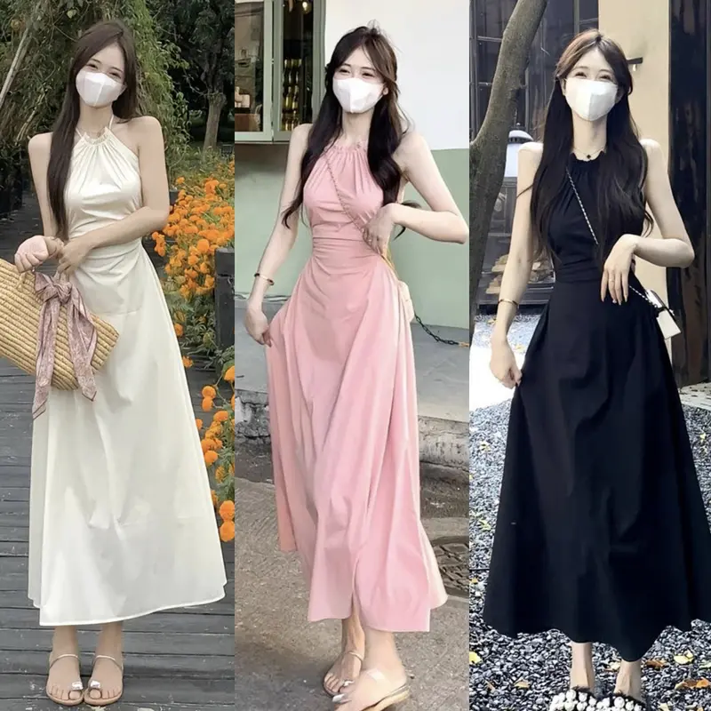 Gaun tanpa punggung leher halter gaya Korea baru Casual Wanita 0