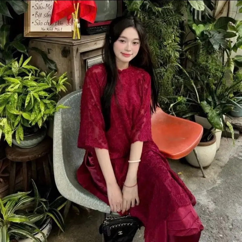 Áo dài lông vũ cách tân hót trend dáng suông thêu tay siêu xinh - Áo dài MAY-QUEEN