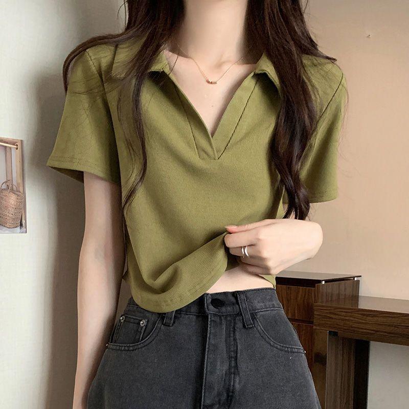 Áo Thun Ngắn Tay Cổ Polo, Màu Đỏ Rượu Vang, Dành Cho Nữ, Phong Cách Hàn Quốc, Dáng Ôm, Cổ Chữ V, Vai Nhỏ Áo Ngắn, Thích Hợp Cho Mùa Xuân Và Mùa Hè 2024 1