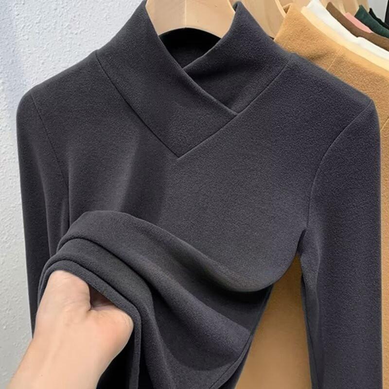 Áo Giữ Nhiệt Cho Nữ, Phong Cách Đường Phố Hàn Quốc, Áo Dài Tay Ngoài Trời Mùa Thu, Cổ Lọ Nửa, Cổ Chéo, Đồ Mặc Bên Trong Ấm Áp, Có 6 Màu, Cỡ S-3XL, Thời Trang Đường Phố 4