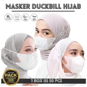 MASKER DUCKBILL HIJAB HEADLOOP / DUCKBILL HIJAB (50pcs) Hitam Putih Pengait