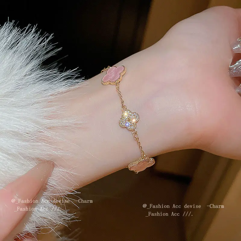 Electroplated Zircon Fritillary Four-Leaf Grass Bracelet Sweet High Sense Bracelet All-Match Jewelry Women