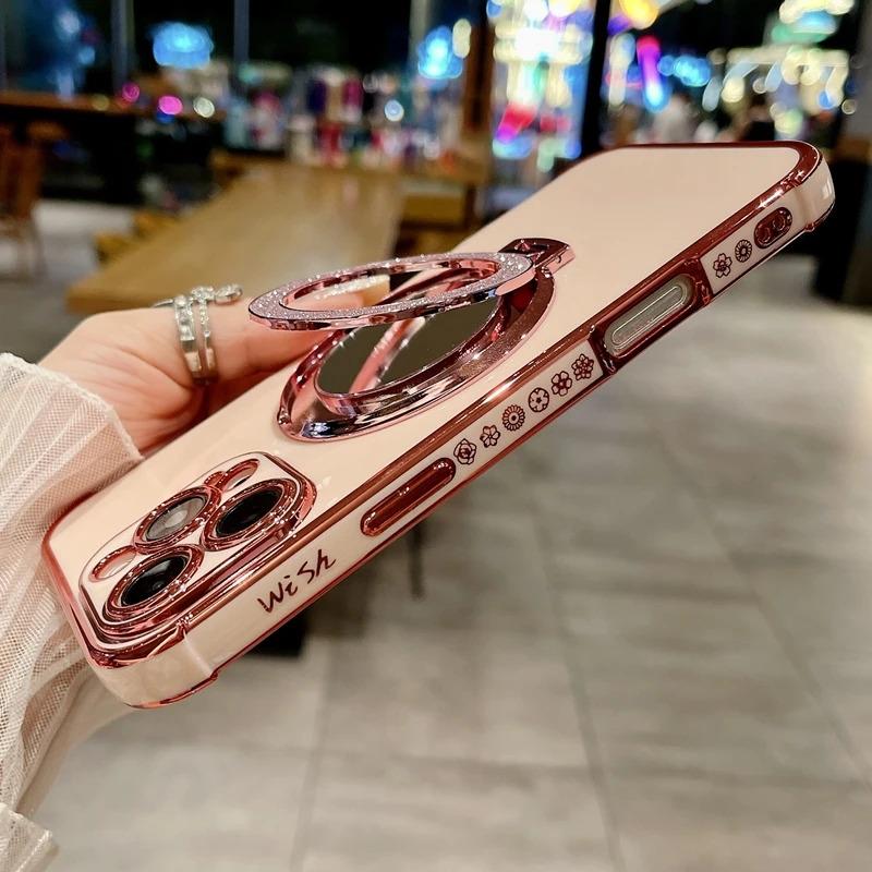 Luxury Plating Cute Flowers Phone Case For iPhone 11 12 13 14 15 16 Pro Max Glitter Stand Soft Bumper Protector On 14 Pro Cover Protection Protective Casing Shockproof 1