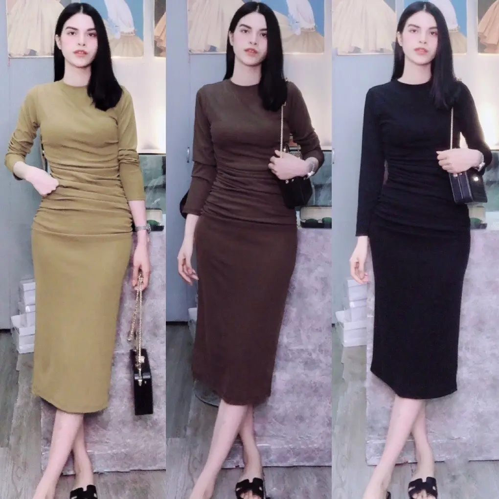 Váy Body dài tay nhún eo zip tăm cao cấp (Link mới) Nữ Voi