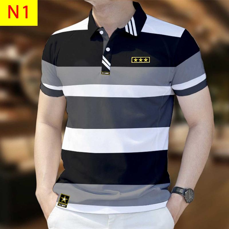 Áo Polo Nam, Chất Liệu Hàn Quốc Mới, In 3D Sọc, Thời Trang, PL1, Được Làm Bằng Chất Lượng Cao Cộc Tay Ngắn Tay Menswear Có Cổ Shirt 3