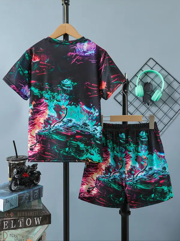 Two-Piece Set Boy's Game Console Print Short Sleeve Tee & Shorts Set, Casual Round Neck T-shirt & Shorts for Daily Wear, Kids Summer Clothes 1