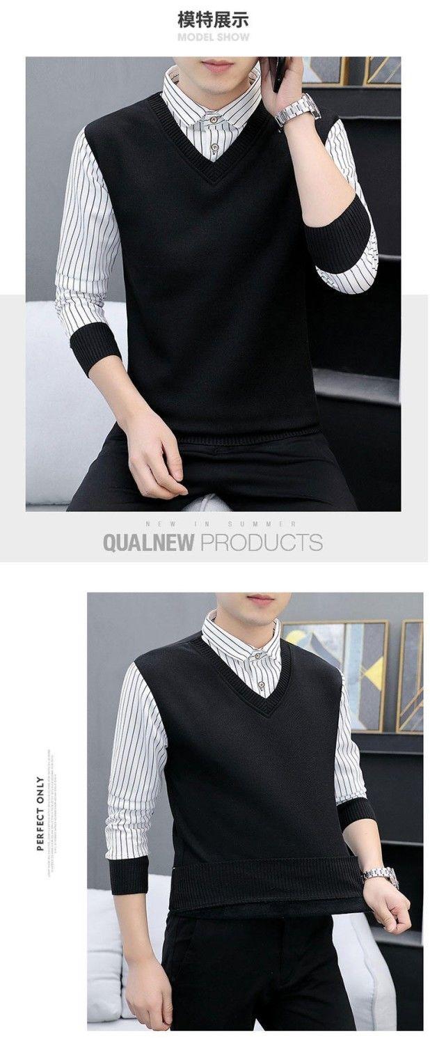 Product Introduction of Not Fleece-lined/Fleece-lined Autumn and Winter Men's Youth Top Sweater Warm Thickened Sweater Fake Two Pieces Shirts Men 4