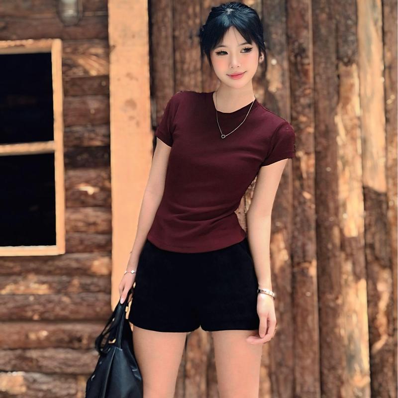 Áo Thắt Eo Mini Tee Trơn Ôm Body Siêu Hack Dáng - Linmer.Clo Top Nữ Thun Giấy 2 Lớp Co Dãn 4 Chiều Ôm Fit Dáng 1