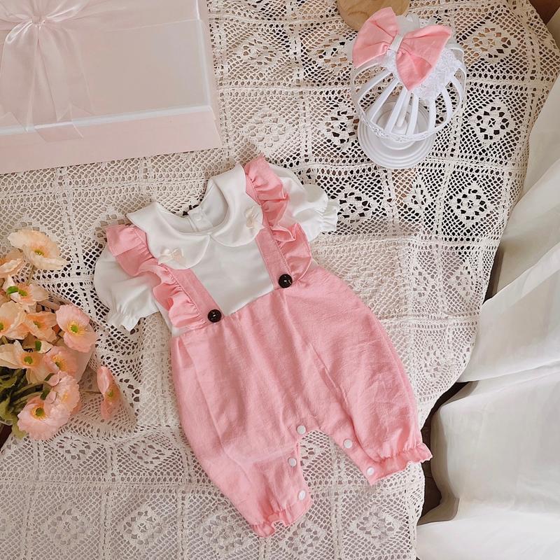 Bodysuit Cho Bé Dài Thân Đũi Hồng Cổ Hoa Kèm Turban Ren Nơ Xinh Xắn