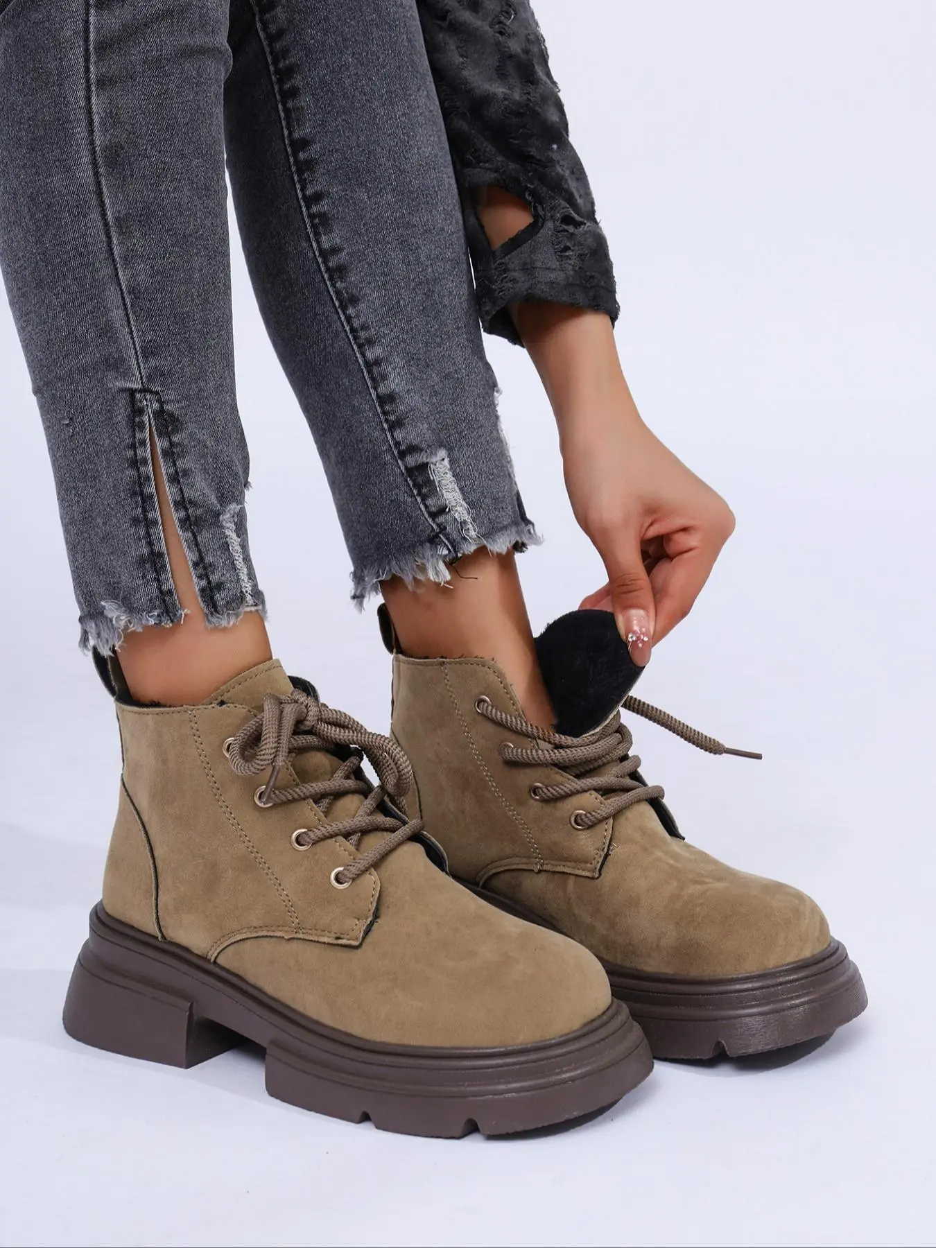 Women's Fashionable Solid Color Lace Up Ankle Boots, Casual Comfortable Round Toe Velvet Boots for Fall & Winter, Female All-match Trendy Shoes for Daily Wear