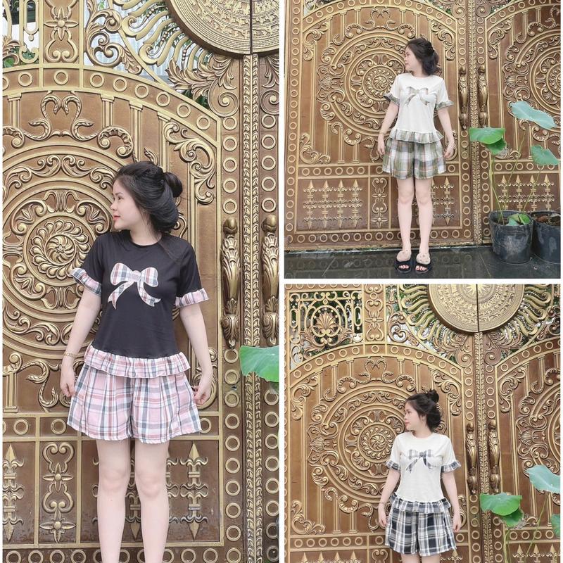  Sét bộ đùi xuân hè áo thêu nơ phối quần kiểu tafta đùi ống rộng trẻ trung thời trang 