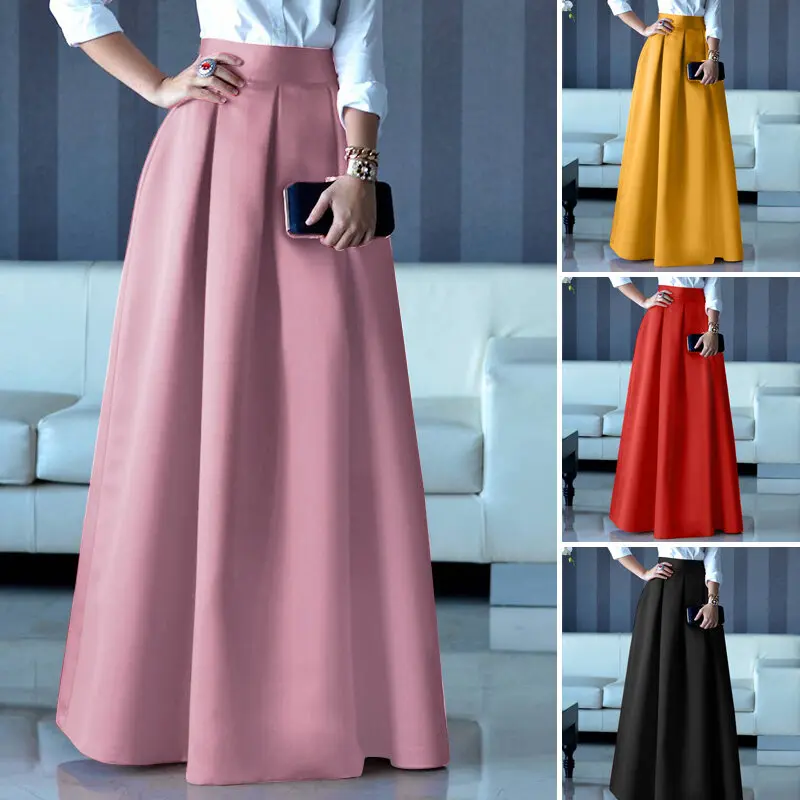 Esolo ZANZEA Women Fashion Silky Satin Evening Night Long Maxi Skirt Zipper Up Pleated Skirts