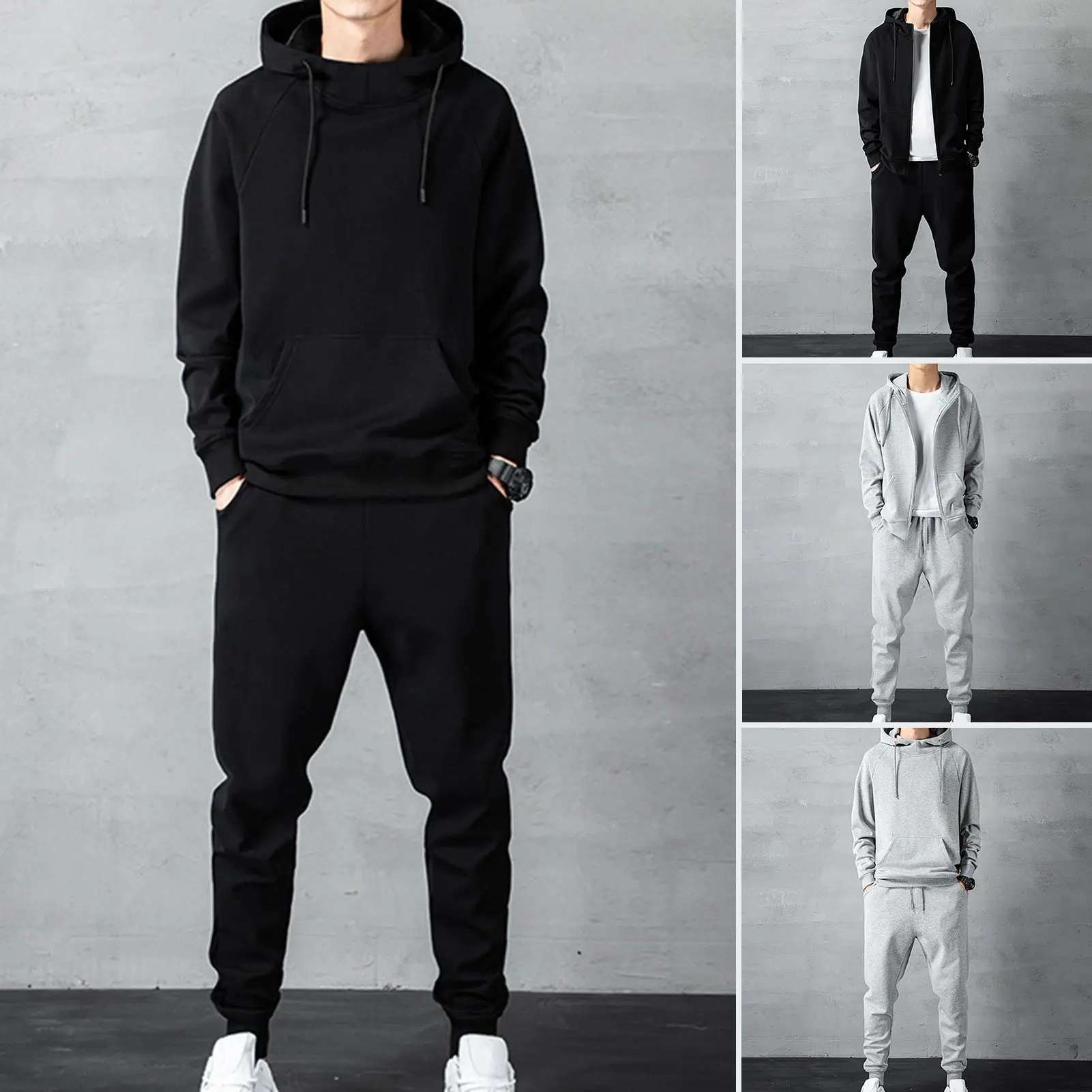 Bộ Quần Áo Hoodie Nam, Màu Trơn Có Vòng Bít Có Gân, Bộ Đồ Jogger, Dáng Rộng Vừa Vặn, Áo Nỉ Và Quần Nỉ, Bộ Đồ Quần Áo Thể Thao, Thời Trang Đường Phố, 1 Bộ, [kounis]